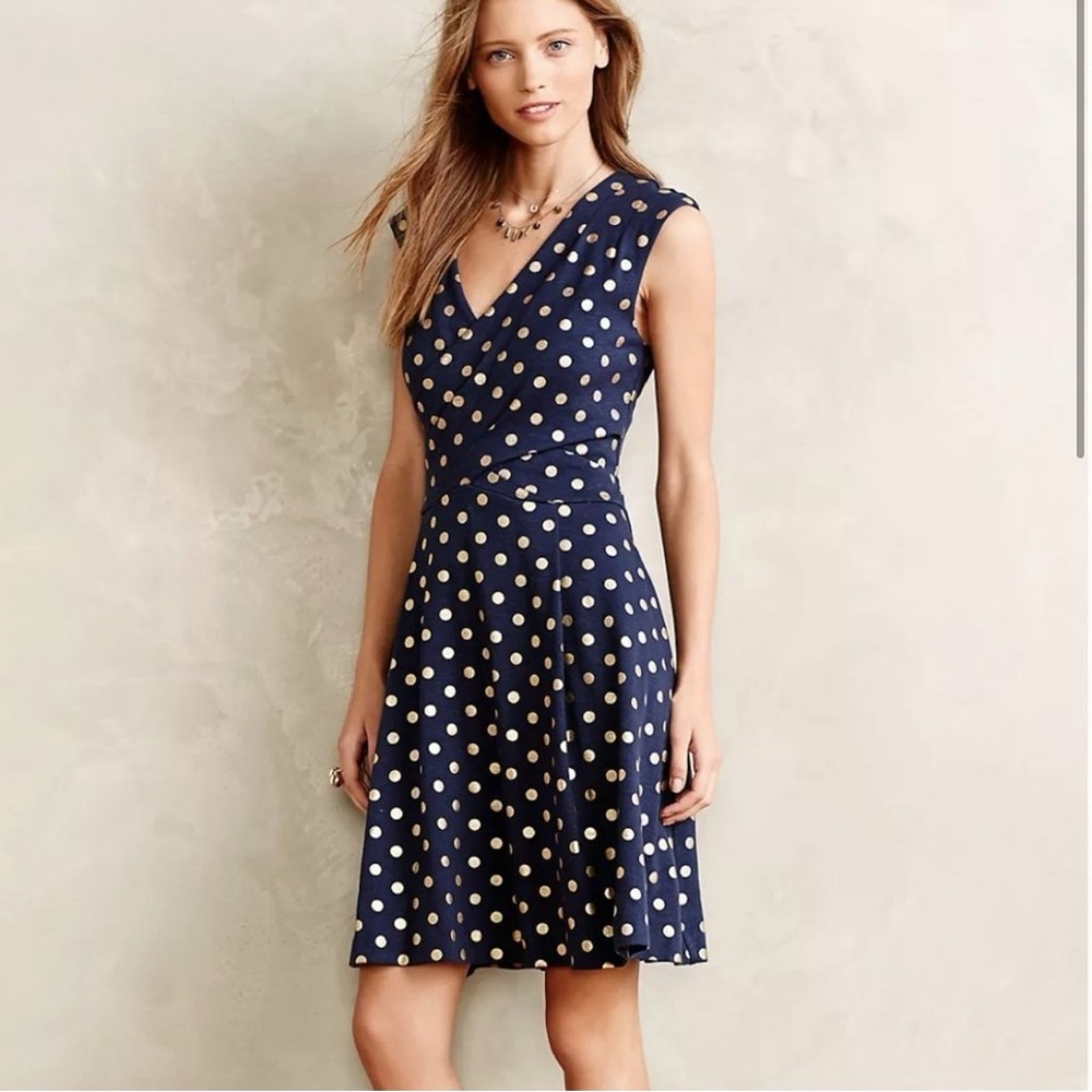 Anthropologie Maeve Ophira Navy & Gold Dot Dress